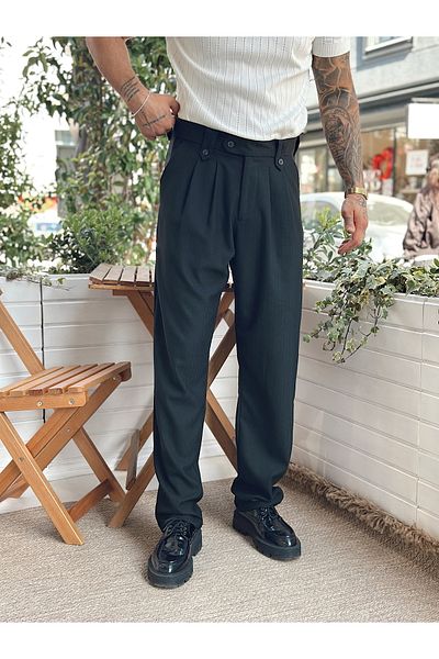manch collection Belt Detailed Baggy Pleated Fabric Trousers Black