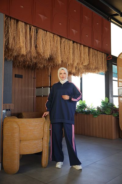 Wovi Women's Hijab Tracksuit Set Double Suit Zipper Collar & Bottom Top Set