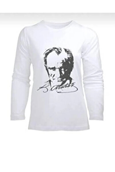 AYANA Дълга ръкава с велосипедна яка и печат на Ататюрк, бяла детска тениска ...