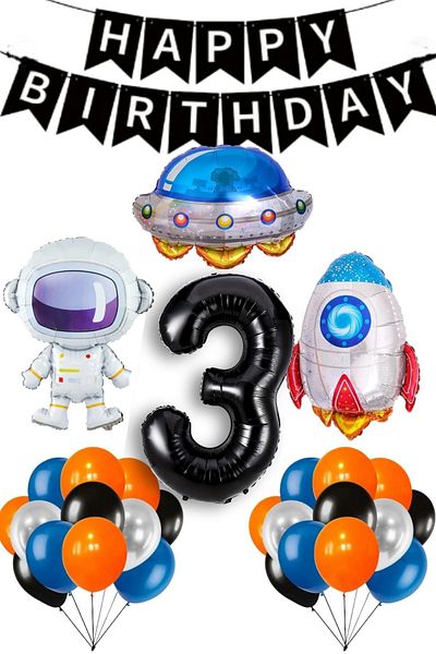 PARTİAVM 3 Year Old Astronaut Birthday Rocket Galaxy Spaceship Themed Birthday Full Set with Black Number Balloons