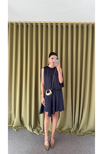 HAZELANNA Navy Blue Satin Skirt