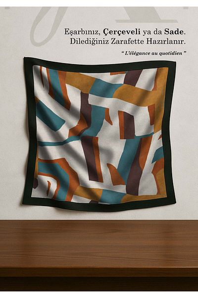 DESENİX Abstract Brush Block Scarf |   Orange & Petrol Blue |   90X90 - 100X100Cm |   Shiny Satin