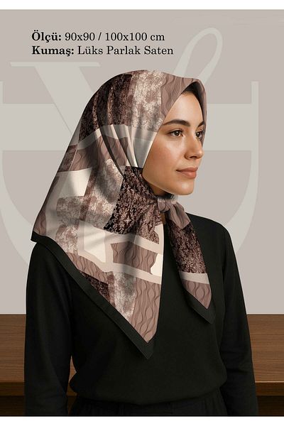 DESENİX Vintage Patch Patterned Scarf |   Cream & Coffee Blocks |   90X90 - 100X100Cm |   Shiny Satin