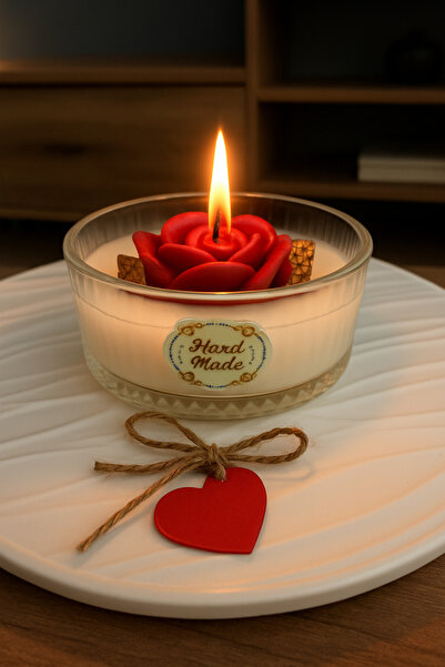Handmade Bellevie El Yapımı Gül Şeklinde Dekoratif Cam Mum – Kalpli Etiketli