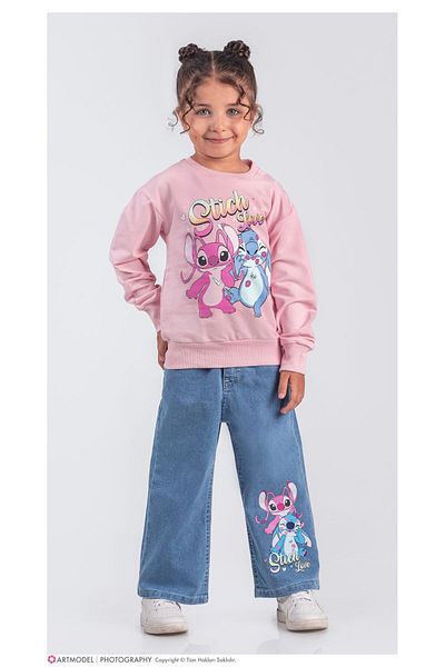 LİLLYPİCCA Girl's 2-Piece Set Printed Sweatshirt Wide Leg Jeans with Elastic Waist