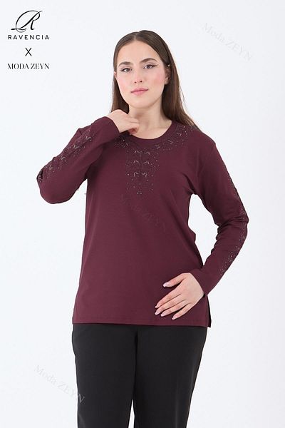Ravencia Women's Middle Age and Above Viscose Stripe Flower Pattern Stone Embroidered Lycra Dark Claret Red Mother Combed Cotton Blouse