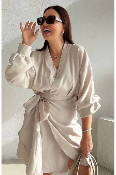 Ecenin Favorileri Beige Tie Detail V Neck Women's Dress