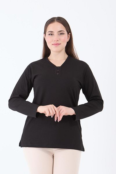 Ravencia Women's medium age and over v-neck Stretch Fabric black mother combed cotton blouse