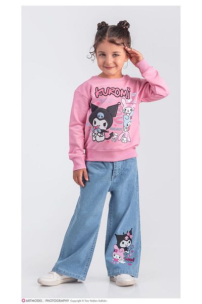 LİLLYPİCCA Girl's 2-Piece Set Printed Sweatshirt Wide Leg Jeans with Elastic Waist