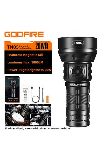 Supfire Godfire TN05 LED Flashlight, 20W, 1600lm, 362m, IP55, magnet, USB-C, 5 modes, Emergency light