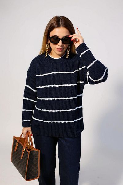 sole stories Navy Blue Women's Oversize Cut Crew Neck Striped Long Sleeve Knitwear Sweater