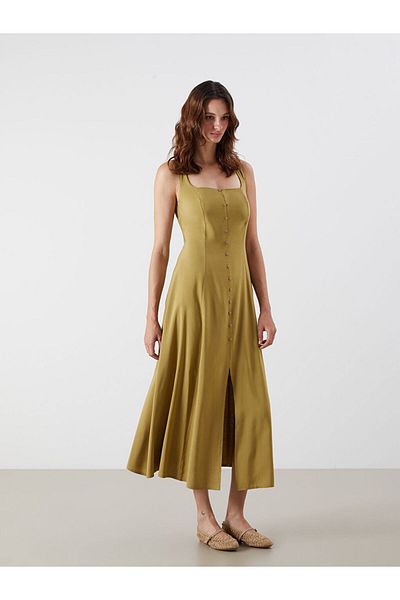LC Waikiki Quality Parts from Celebi Store |   Khaki Square Collar Linen Blend Dress
