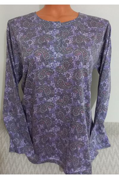 Anne Er Clothing Paper Print Combed Cotton Blouse 3 Button Crew Neck Long-Sleeve Print