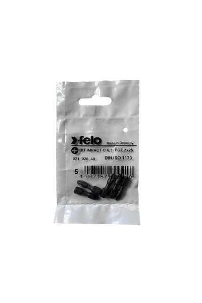 FELO Set of 5 Felo bits, Impact profile Pozidrive series, C6.3, PZ2, 25mm
