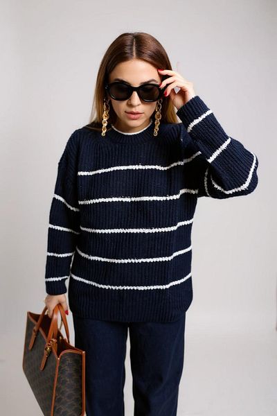 sole stories Navy Blue Women's Oversize Cut Crew Neck Striped Long Sleeve Knitwear Sweater