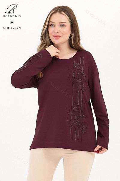 Ravencia Women's Middle Age and Above Viscose Stripe Pattern Stone Embroidered Lycra Dark Claret Red Mother Combed Cotton Blouse