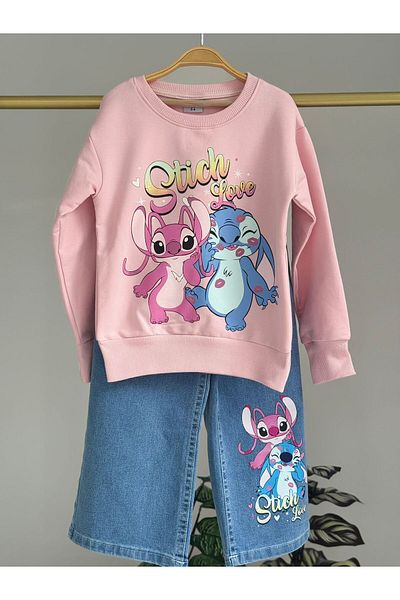 LİLLYPİCCA Girl's 2-Piece Set Printed Sweatshirt Wide Leg Jeans with Elastic Waist