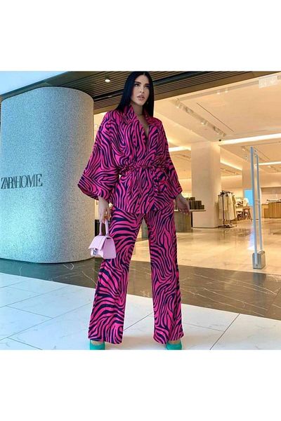 MADAME MELEK Loose Leg Pants Blouse Suit Zebra Pattern Kimono Suit