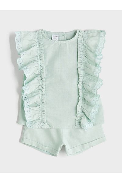 LC Waikiki Sparkling Selections from Shining Store |   Turquoise Ruffle Baby Girl Blouse and Shorts 2 Pcs