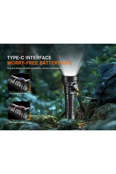 Supfire Godfire TN05 LED Flashlight, 20W, 1600lm, 362m, IP55, magnet, USB-C, 5 modes, Emergency light