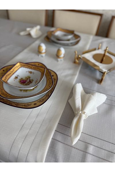 Hilaliart 26 Piece Luxury Tablecloth Set – Includes Pearl Detailed Napkin Holder, Double Layer Runner