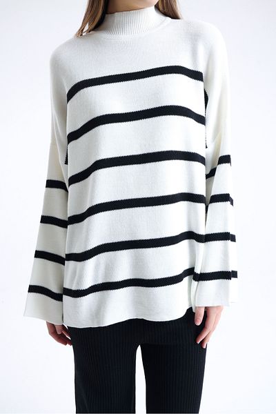 sole stories Women's Oversize Cut Collar Striped Long Sleeve Knitwear Sweater
