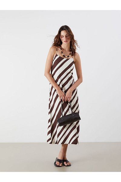 LC Waikiki Quality Parts from Celebi Store |   Brown Square Neck Striped Linen Blend Dress