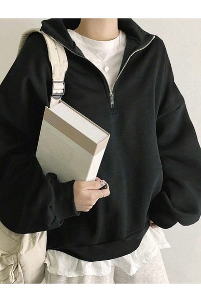 BYMEER Black Stand Collar Zippered Sweatshirt