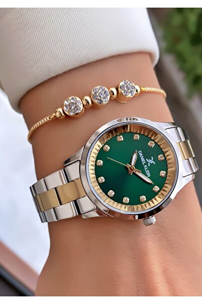 Daniel Klein Brand Yellow Silver Color Green Dial Women's Wrist Watch with 2 Years Warranty - Bracelet Gift