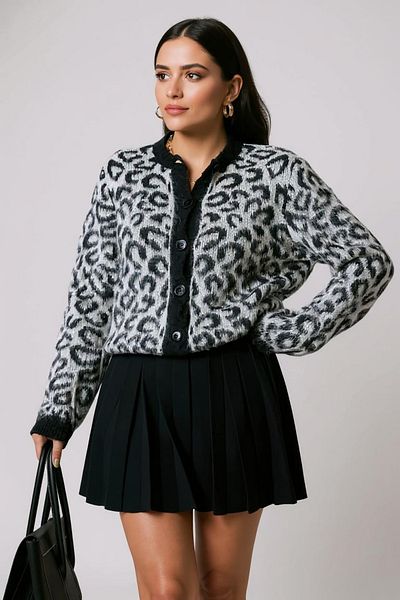 sole stories Women's Leopard Patterned Long Sleeve Knitwear Cardigan