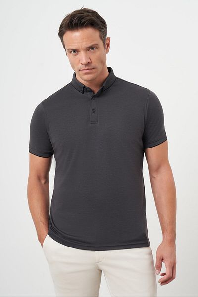 Morven Men's Black Trend Mercerized Plain Button Neck Dynamic Fit T-Shirt