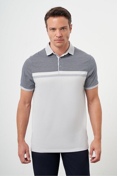 Morven Men's Gray Trend Striped Polo Neck Dynamic Fit T-Shirt