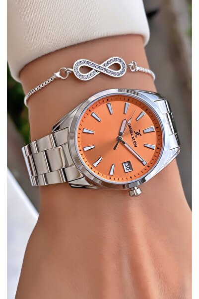Daniel Klein Marka Gümüş Renk 2 Yıl Garantili Turuncu Kadran Kadın Kol Saati - Bileklik Hediyeli