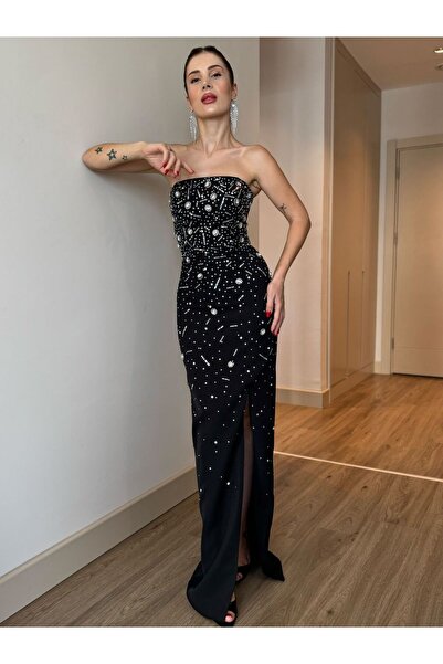 YK FASHION Taş İşlemeli Strablez Yırtmaçlı Abiye