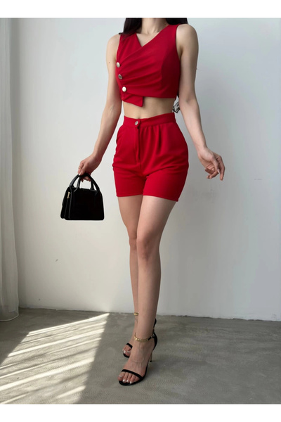 Defile Double Breasted Collar Button Detailed Crop Vest and Shorts Double Set