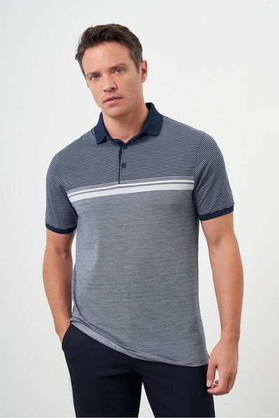 Morven Men's Navy Blue Trend Striped Polo Neck Dynamic Fit T-Shirt