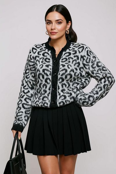 sole stories Women's Leopard Patterned Long Sleeve Knitwear Cardigan