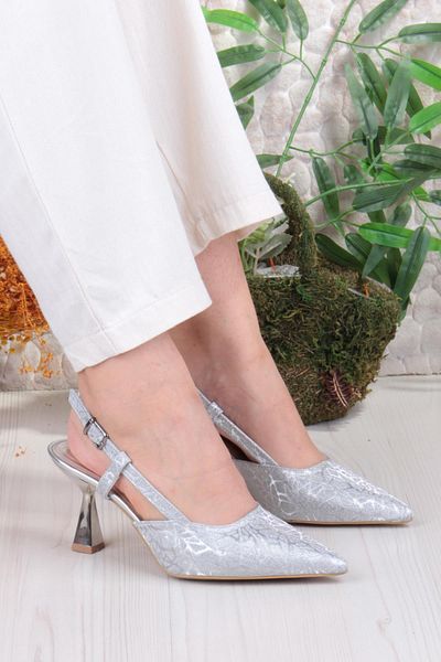 fort 1182-09 Fls Satin Printed Open Back Heeled Women's Shoes