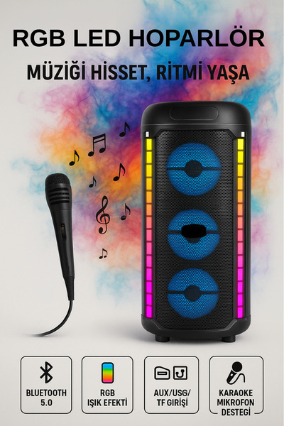KETENOFFİCİAL Mikrofonlu Bluetooth Hoparlör Rgb Led Işıklı 120W Güçlü Ses Bom...