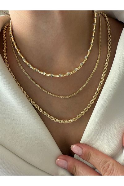 LUSORA ACCESORY Gold Color Triple Combination Chain Necklace Set – Bamboo, Thin and Twist Model"