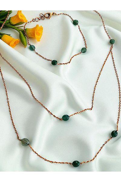 Amabel Jewelerys Aventurine Natural Stone Detailed Women's Necklace and Bracelet Set with Steel Chain