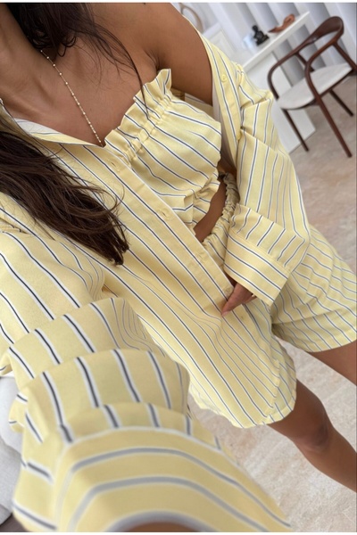 DUSOHOME Yellow Striped Shorts Crop Shirt Set
