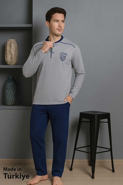 Temporium Men's Buttoned Collar 100% Cotton Seasonal Knitted Combed Cotton Long Sleeve Pajamas Set