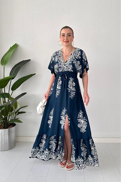MaziButik Bulk Pattern Viscose Dress Navy Blue