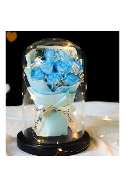 Kardett Buchet Flori Criogenate, 9 Trandafiri Albastri in Cupola de Sticla cu LED, Decor Elegant, Cadou Roma