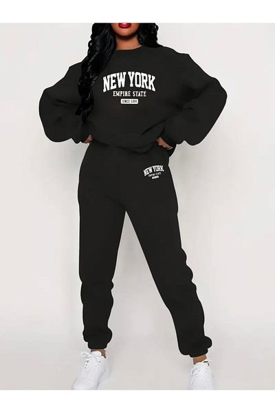 FUFLUNS New York Empire State Printed Unisex Oversize Cycling Collar Bottom/Upper Tracksuit Set