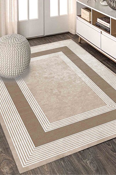 armolin Düz Çizgili Desen Dijital Baskı Kahverengi Lastikli Halı Örtüsü (SÜNGERSİZ) Szz-1183