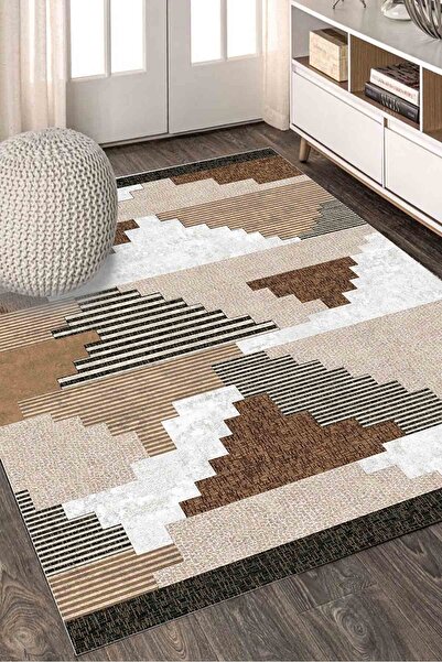 armolin Geometrik Desen Dijital Baskı Kahverengi Lastikli Halı Örtüsü (Sünger...