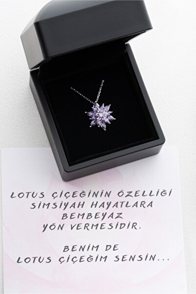 SAKLI TAKI 925 Ayar Gümüş Işıklı Kutu Buzlu Mor Lotus Kolye
