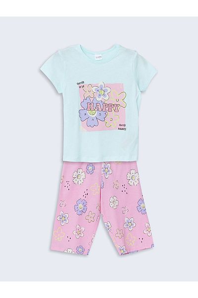 LC Waikiki Lcw Kids Turquoise Crew Neck Printed Girls' Pajamas Set